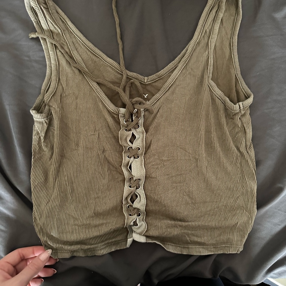Olive Lace-Up Ribbed Tank Top